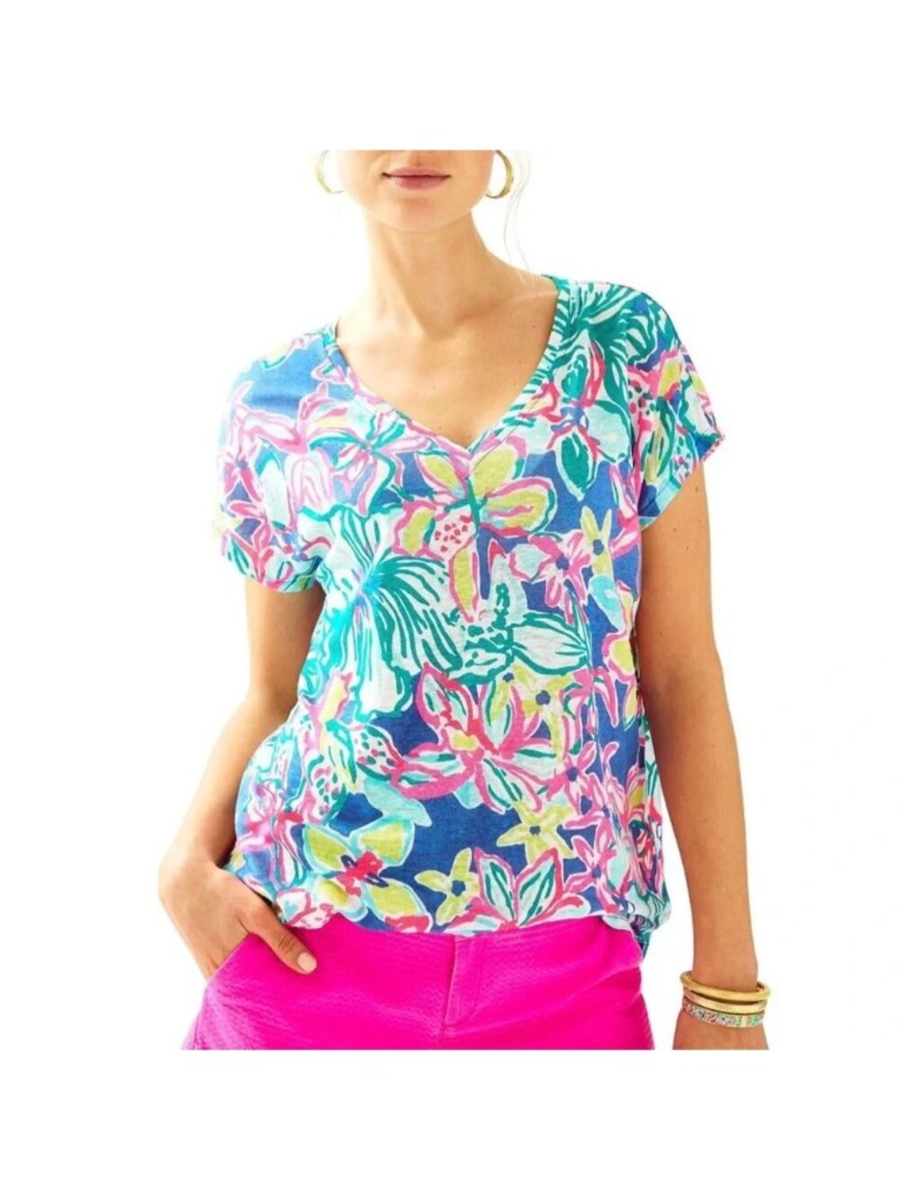 Lilly Pulitzer XXS/XS Hartwell boxy linen tee in Iris Blue Casa Azul